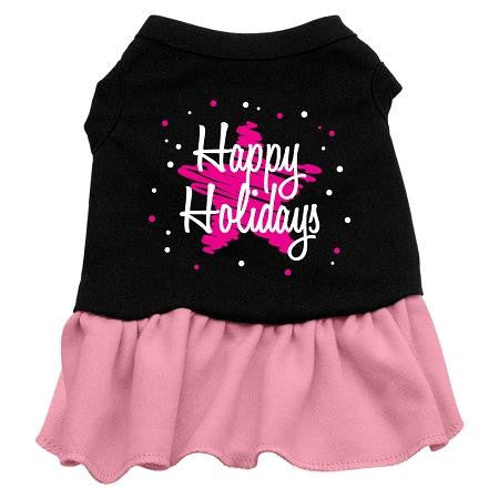 Scribble Happy Holidays Dog Dress - Black with Pink-Large