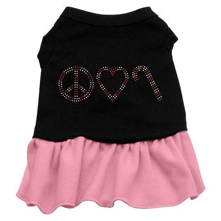 Peace Love Candy Cane Rhinestone Dog Dress - Black with Pink-Extra Small