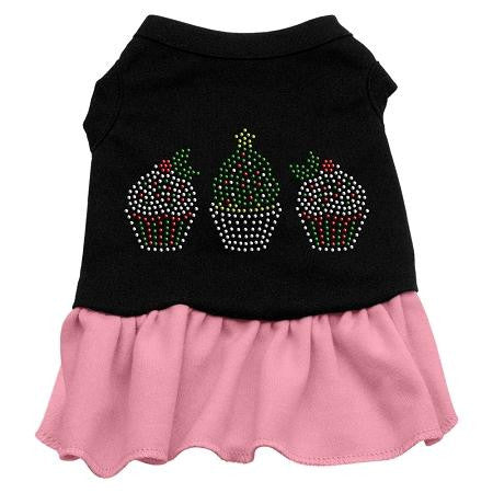 Christmas Cupcakes Rhinestone Dog Dress - Black with Pink-Extra Large