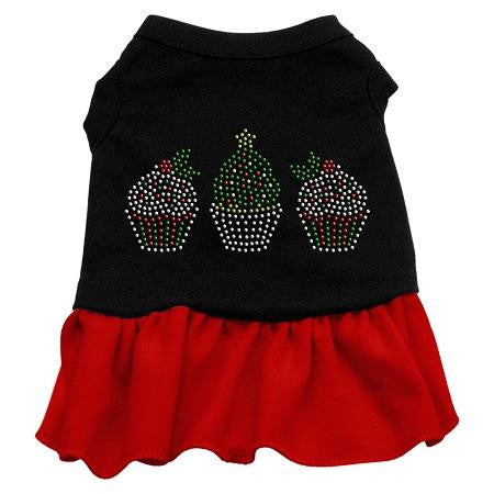 Christmas Cupcakes Rhinestone Dog Dress - Black with Red-Extra Small